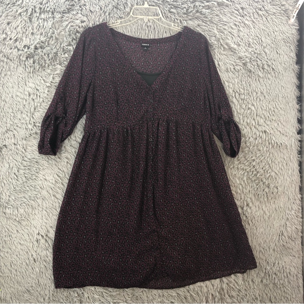 Torrid Dress Womens Size 1 Purple Cheetah Vneck Button Front Layered